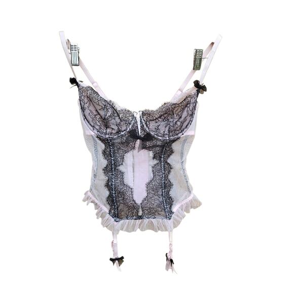 Victorias Secret Lace Sexy Corset With Garter Straps in Black and Baby Pink 36C - Picture 1 of 9